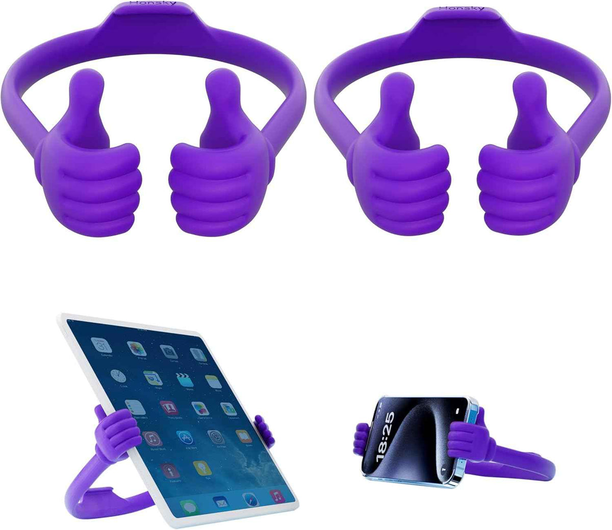 HONSKY Thumbs-Up Phone Stand for Tablets, E-Readers and Smart Phones – Green/Purple – 2 Count