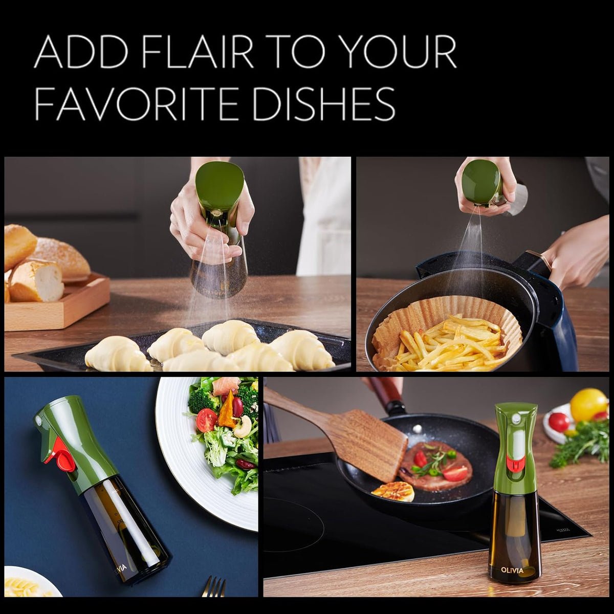FLAIROSOL OLIVIA Oil Sprayer for Cooking, 200ml Glass Olive Oil Sprayer, Continuous Cooking Spray with Portion Control, Oil Dispenser for Kitchen, Air Fryer, Salad, BBQ (Green Bottle, Gold Print)