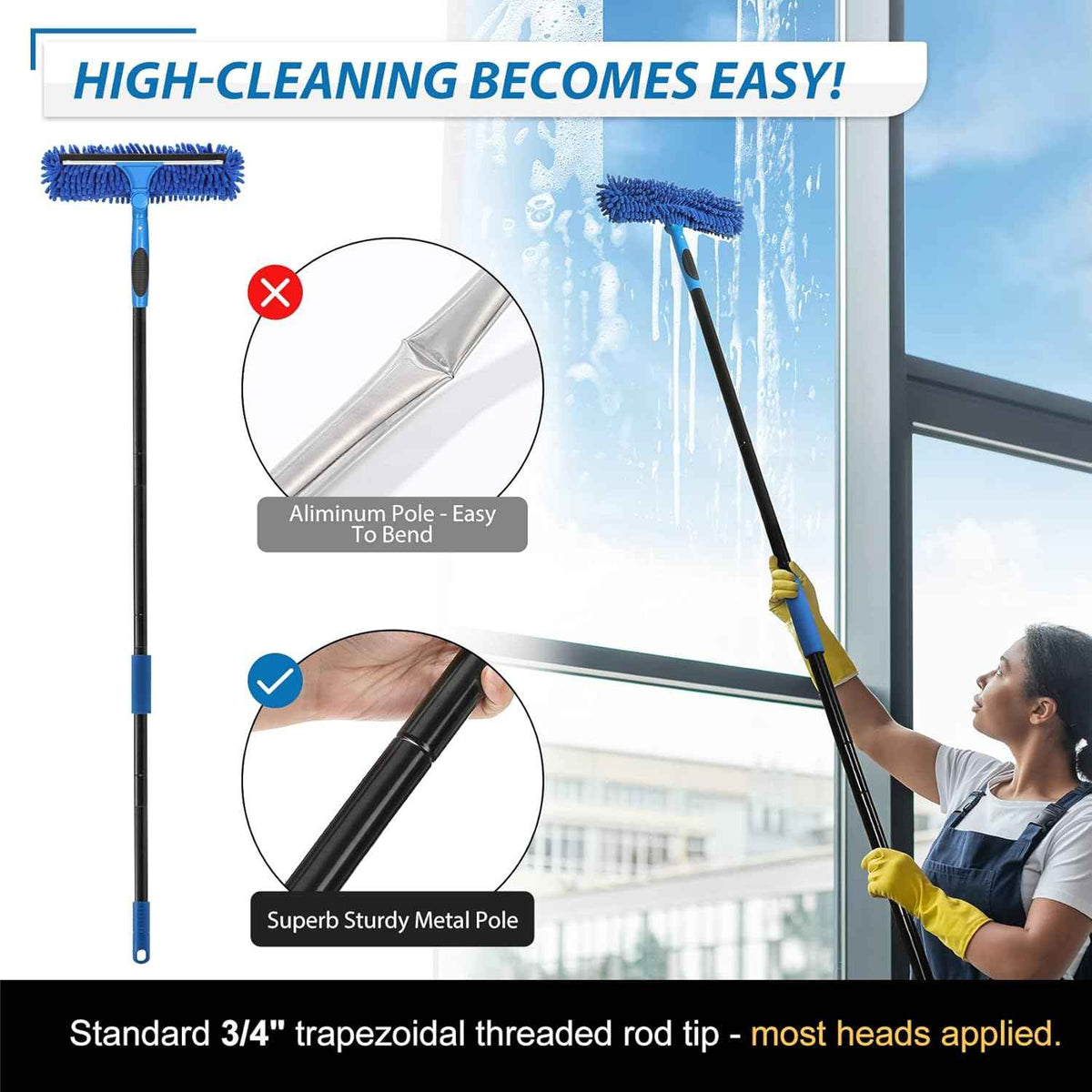 VITEVER Professional 69'' Window Squeegee Cleaner Tool with Extension Pole, 2-in-1 Squeegee for Window Cleaning Kit with Scrubber and Rotating Head, 1 Blade 2 Scrubber