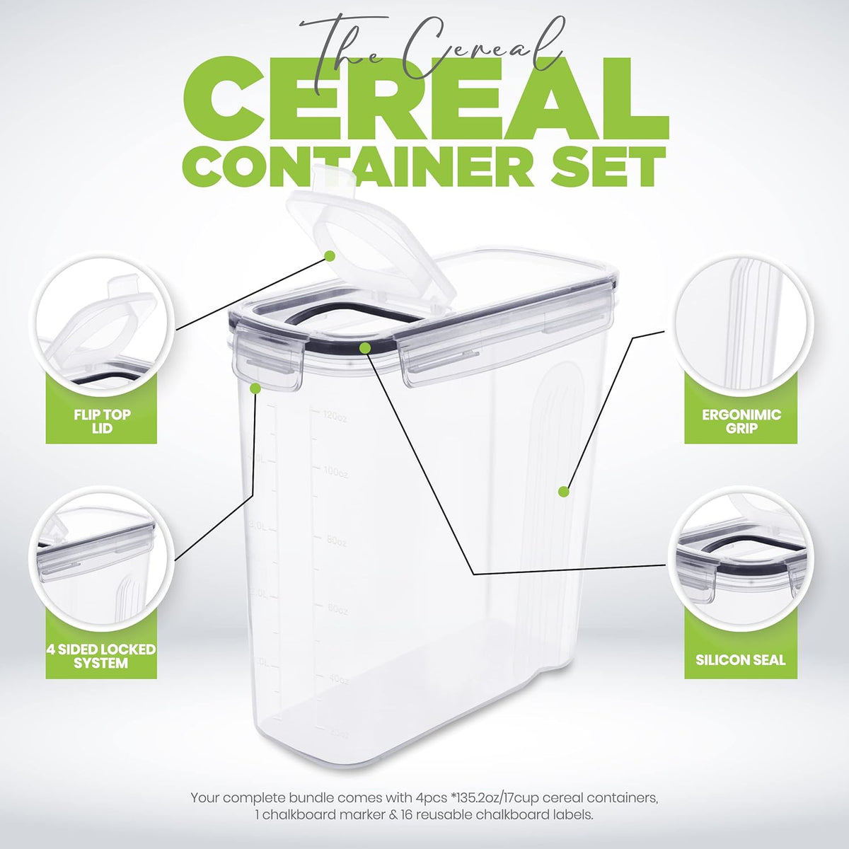 Utopia Kitchen Cereal Containers Storage Set – 4 Pack 4L(135.2 oz) Airtight Food Storage Containers with Lids, BPA-Free Cereal Dispensers for Pantry Organization and Storage (Clear)