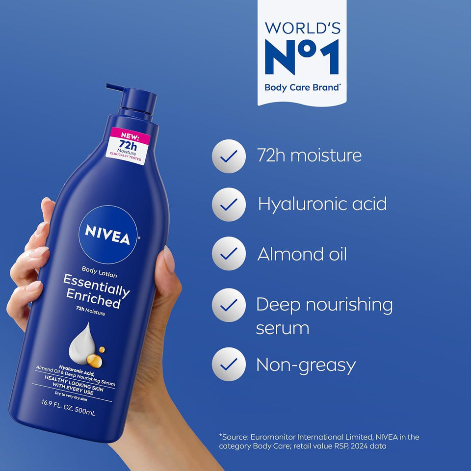 nivea essentially enriched body lotion for dry skin with hyaluronic acid, 16.9 fl oz, pack of 2
