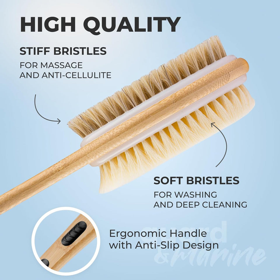 GUARD&MARINE Wooden Back Washer for Men & Women, Long Handle Shower & Bath Brush with Non-Slip Inserts