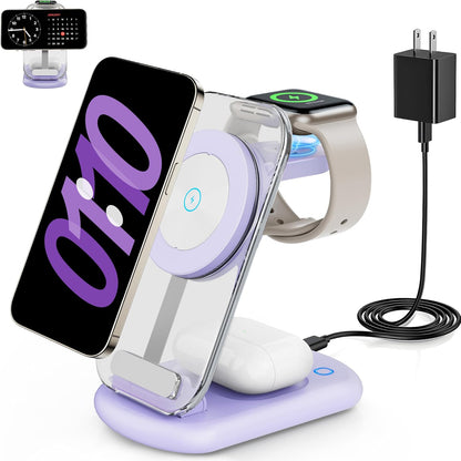 2025 Traveling Wireless Mag-Safe Fast Charging Station,Magnetic 3 in 1 Charger with Light for iPhone 17 16 15 14 13 12 Pro Max Plus,Apple Watch& Air pods 4 3 2 Pro-Gifts for Wife & Husband(White) - Rayz Mart