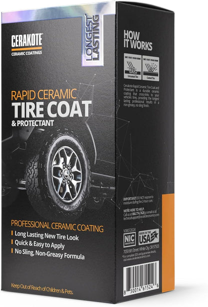 CERAKOTE Rapid Ceramic Tire Coat – Showroom New Tire Shine – Deep Tire Black Finish – Lasts Up to 10x Longer – No Sling, Non-Greasy Ceramic Tire Coating for Car, Truck & SUV – Easy Application (10oz)