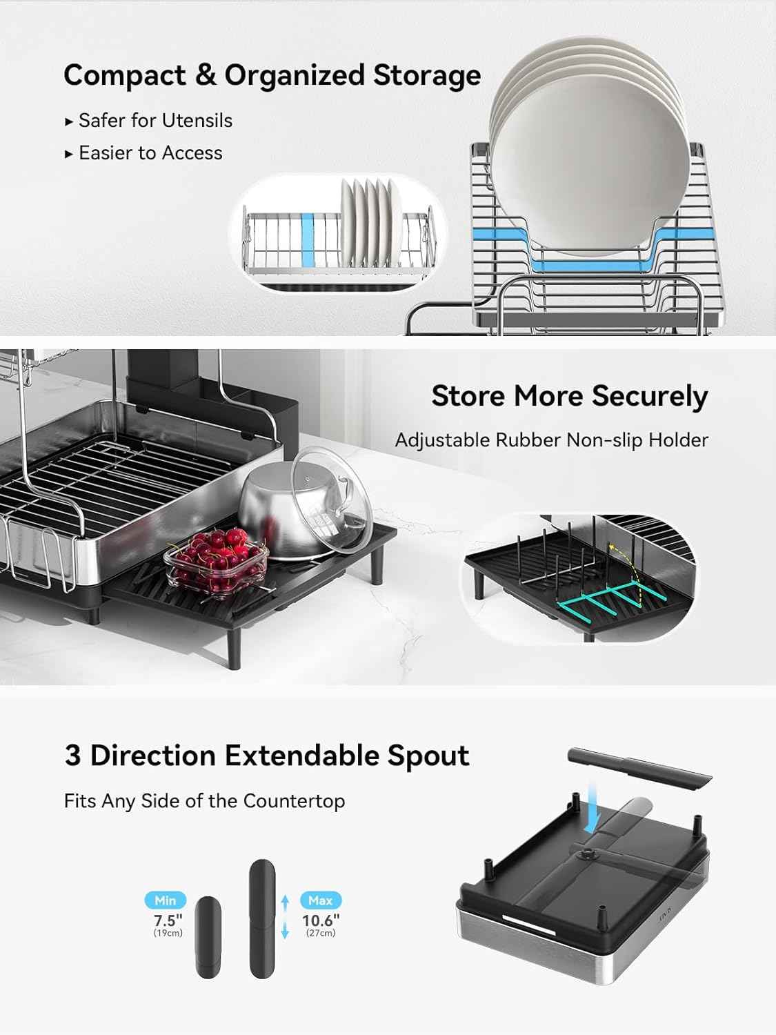 SUNLY 2 Tier Dish Drying Rack, Extra Large Dish Rack, Expandable Dish Racks for Kitchen Counter, Multifunctional Large Dish Drainers for Kitchen Counter, Black
