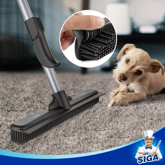 MR.SIGA Pet Hair Removal Rubber Broom with Built in Squeegee, 3 in 1 Floor Brush for Carpet, 61 inch Adjustable Handle, Includes 1 Microfiber Cloth for Floor Dusting