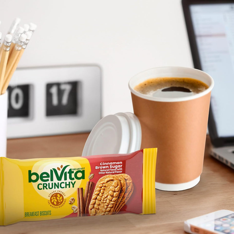 belVita breakfast biscuits, cinnamon brown sugar, 12 packs, 4 biscuits per pack, kosher, cholesterol free