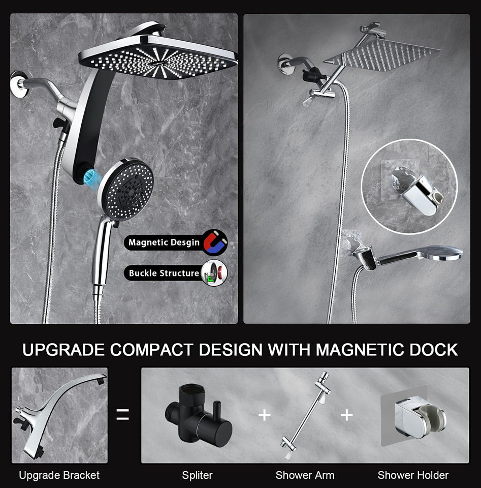 High Pressure Rain Shower Head: Upgrade Shower Heads with Handheld Spray Combo with Fixed Showerhead and 10 Sprays Handheld Shower Head, Detachable Shower head Built-in Magnetic Docking and Power Jets