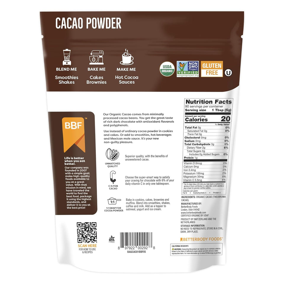 BetterBody Foods Organic Cacao Powder, 16 oz, Rich Chocolate, Non-GMO, Gluten-Free, Cocoa, 1 lb bag