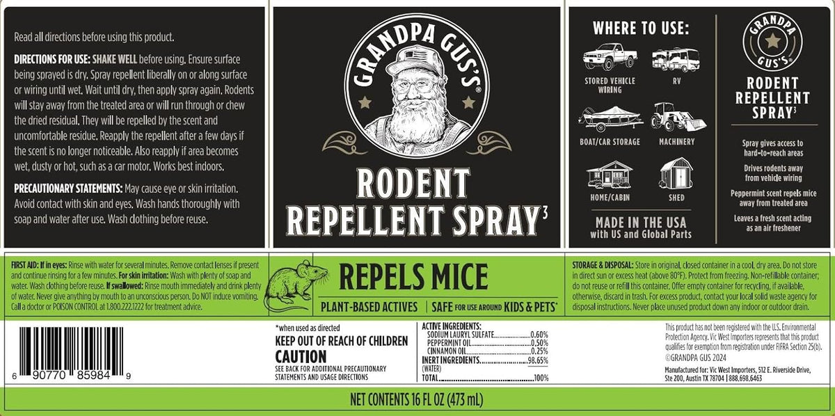 Grandpa Gus's Rodent Repellent Spray, Peppermint & Cinnamon Oil, Prevents Mouse/Rats from Nesting & Chewing on Wires, 16 fl oz (Pack of 1)