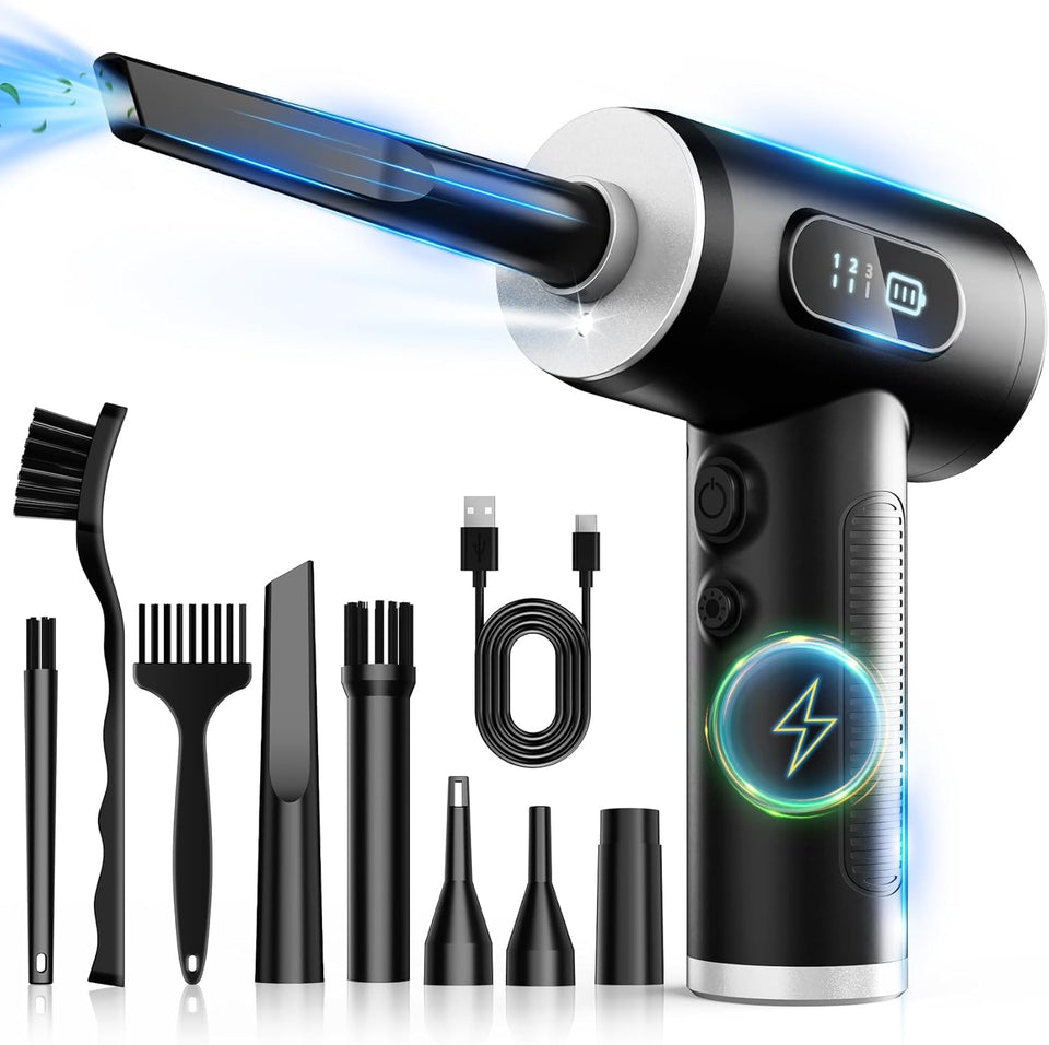 3-gear adjustable electric air duster with led light, rechargeable cordless air blower for keyboard cleaning (black)