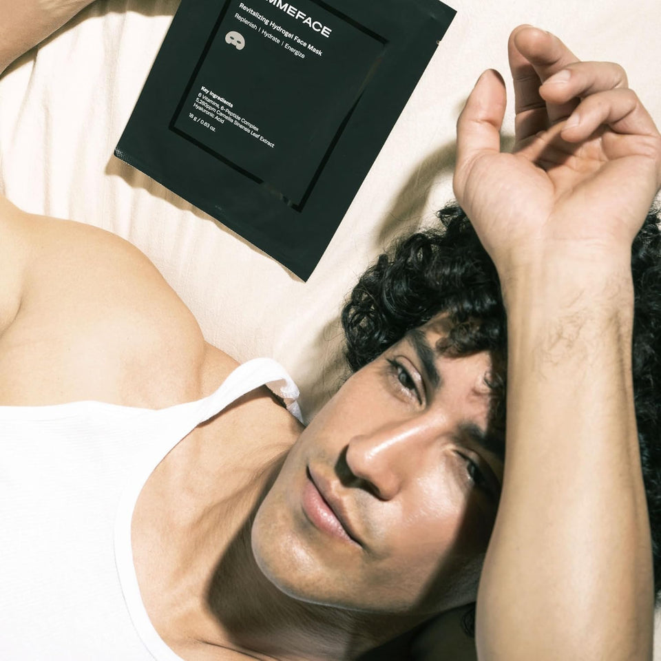 HommeFace men's 5ct hydrogel facial mask set with hyaluronic acid and peptides for hydrating and anti-aging skincare