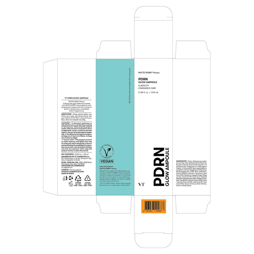 vt cosmetics pdrn glow ampoule, 3.38 fl oz, korean skincare, vegan, fragrance-free, deep hydration