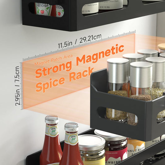 4 Pack Strong Magnetic Spice Rack for Refrigerator, Multipurpose Magnetic Shelf for Fridge with 4 Hooks for kitchen and Bathroom Organization, Black