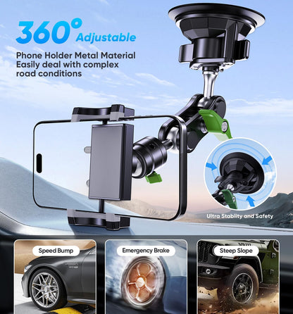 MAGIC JOHN Car Phone Holder, Ultra-Durable Mteal Phone Holders for Your Car, 360° Rotation Cell Phone Car Mount for Windshield, Suction Cup Car Phone Mount for iPhone Samsung All Smartphone