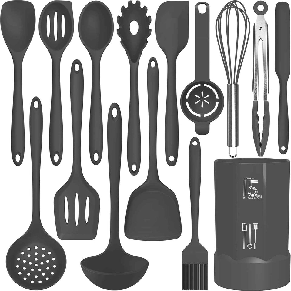 Silicone Cooking Utensils Set - 446°F Heat Resistant Kitchen Utensils,Turner Tongs,Spatula,Spoon,Brush,Whisk,Kitchen Utensil Gadgets Tools Set for Nonstick Cookware,Dishwasher Safe (BPA Free)