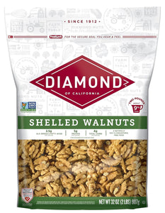 Diamond of California Shelled Walnut Halves and Pieces, pre-shelled raw walnuts for baking and snacking, 32 oz, unsalted and non-gmo