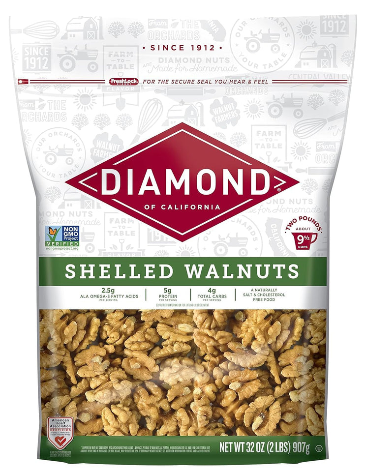Diamond of California Shelled Walnut Halves and Pieces, pre-shelled raw walnuts for baking and snacking, 32 oz, unsalted and non-gmo