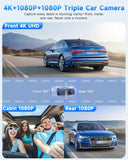 SARMERT 4K 3 Channel Dash Cam, Dash Cam Front and Rear C3, Free 64GB Card, 4K+1080P+1080P Dashcam, G-Sensor, WDR, APP, 5G WiFi, Night Vision, 24H Parking Monitor