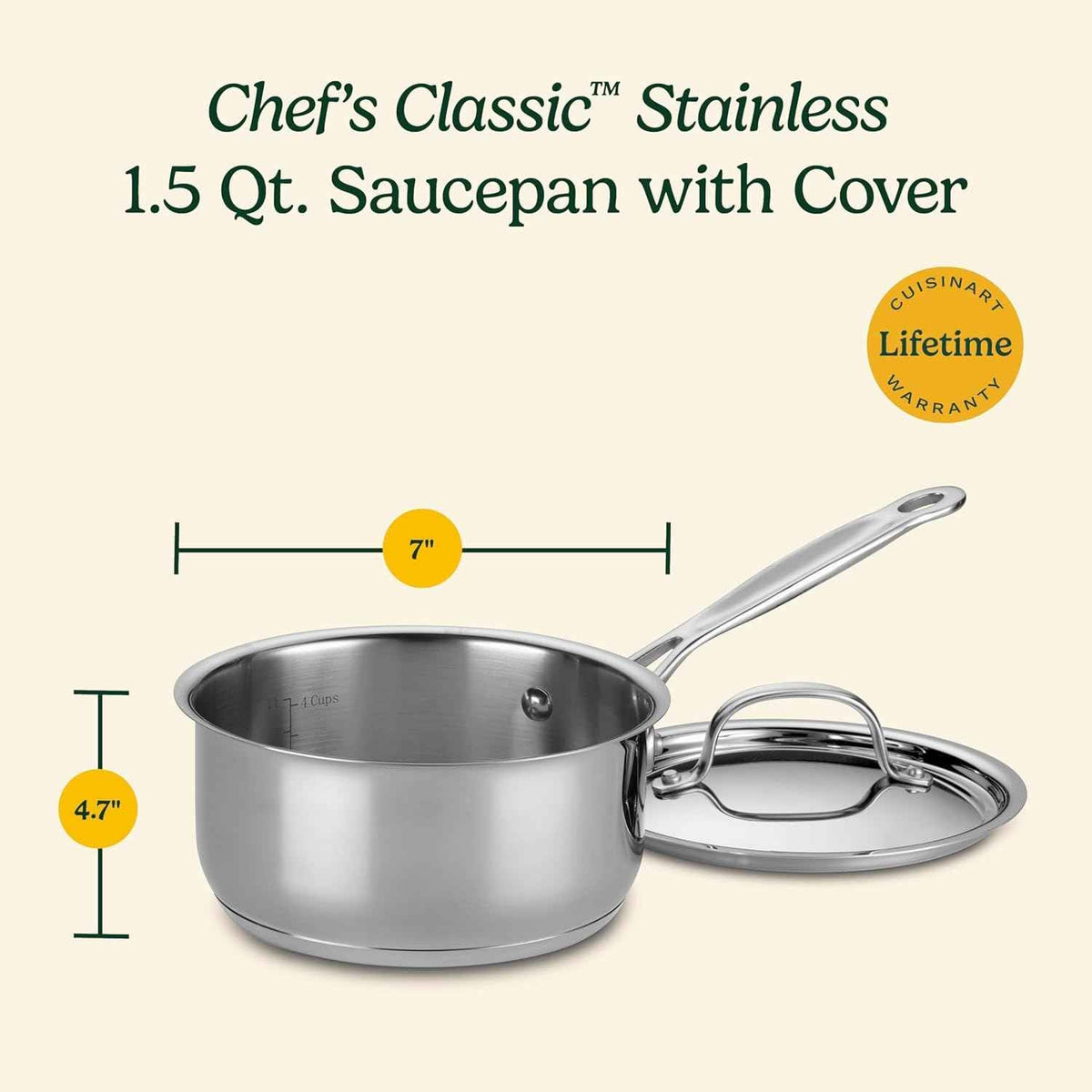 Cuisinart 1.5 Quart Saucepan w/Cover, Chef's Classic Stainless Steel Cookware Collection, 719-16
