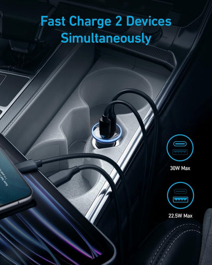 Anker 323 USB C Car Charger Adapter, 52.5W Cigarette Lighter Charger with 30W PowerIQ 3.0 Fast Charging Cable for iPhone 17/17 Pro Max/16/15/14 Series, Galaxy S25/24/23, Pixel, iPad, AirPods and More - Rayz Mart