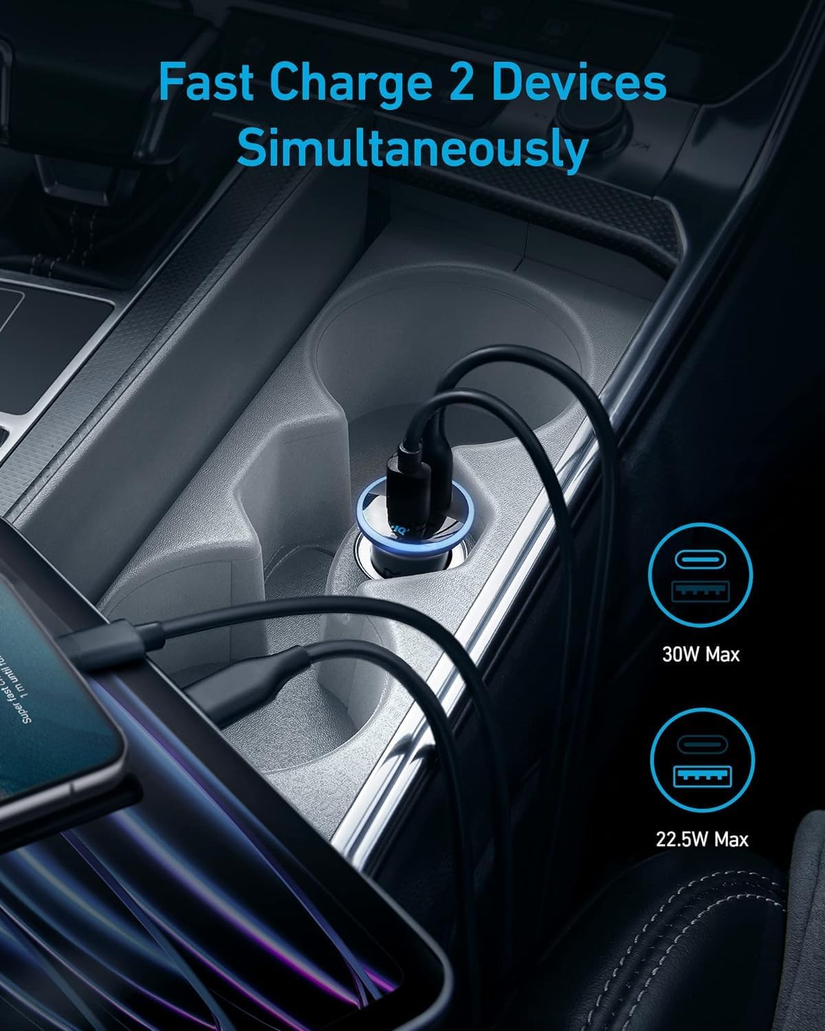 anker 52.5w dual-port usb-c car charger for iphone and galaxy with poweriq 3.0