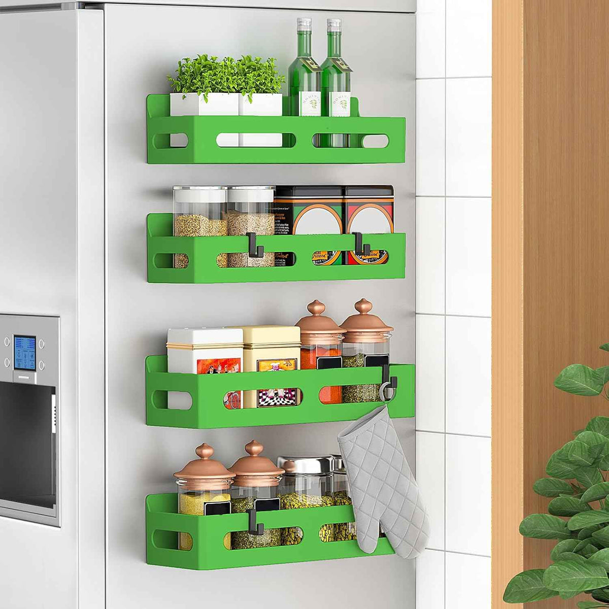 4 Pack Magnetic Spice Rack for Refrigerator, Spice Rack Organizer, Moveable Magnetic Shelf Fridge Organizer with 4 Hooks for Kitchen and Oven Organization, Black