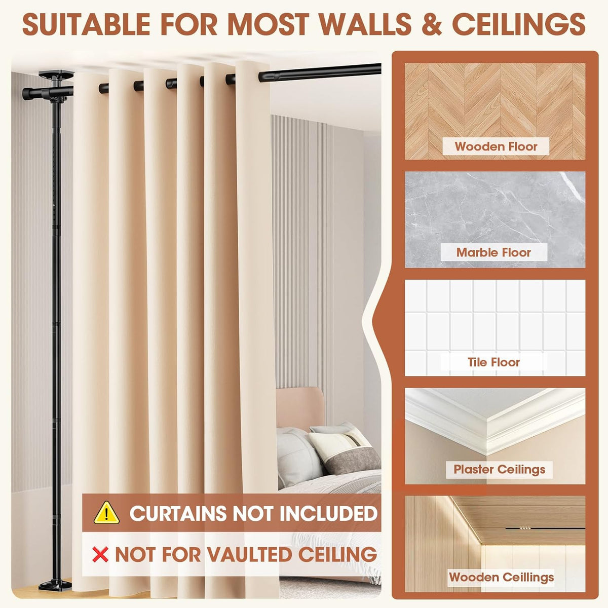 Room Divider Curtain Rod, No Drilling Room Separator for Space Partition Adjustable 4-10ft(H) 28-70inch(W) Heavy Duty Temporary Wall Divider Floor to Ceiling Tension Rod, Black