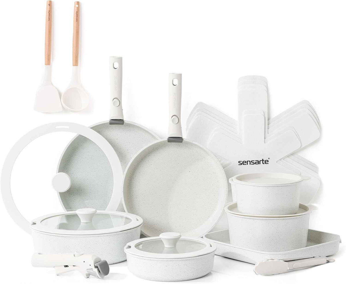 SENSARTE 24 Piece Pots and Pans Set, Nonstick Detachable Handle Cookware, Induction Kitchen Cookware Set with Removable Handle, Healthy Non Stick for RV, Dishwasher ＆ Oven Safe (White)
