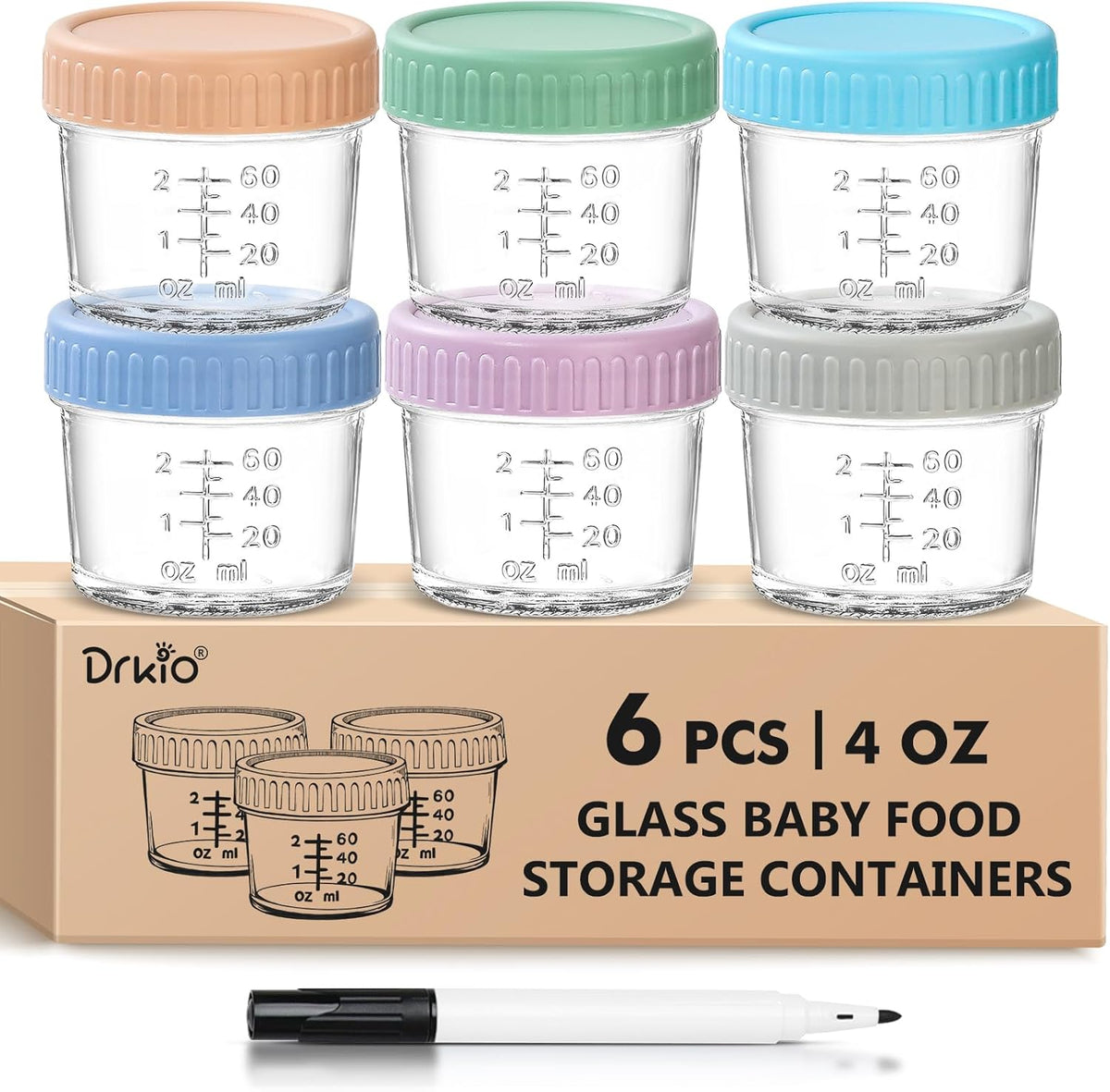 DRKIO 6 Pack Glass Baby Food Storage Containers - 4 Oz Baby Food Jars with Lids Baby Food Maker Microwave Dishwasher Freezer Safe 100% Leak Proof BPA Free Reusable