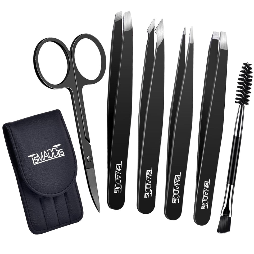 TsMADDTs 6 PCS Stainless Steel Tweezers Set for Women with Curved Scissor and Leather Travel Case