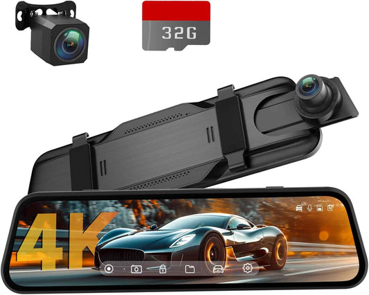 Veement 4K Rear View Mirror Camera, 10'' 4K Mirror Dash Cam with 1080P Backup Camera, Dash Cam Front and Rear for Car with Voice Control, 24H Parking Mode, Night Vision, 32GB SD Card Included