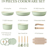CAROTE Pots and Pans Set, Nonstick Cookware Set Detachable Handle, 19pcs Induction Kitchen Cookware Sets Non Stick with Removable Handle, RV Cookware Set, Oven Safe, Sage Green