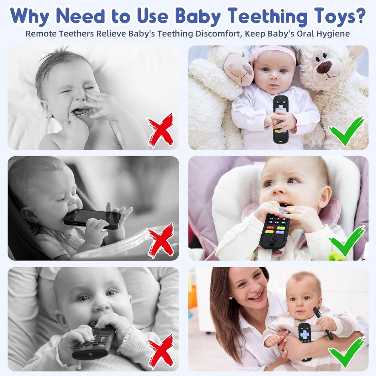 Teething Relief Teethers Toys for Babies 3-6-12 Months Gifts, Food Grade Silicone Sensory Baby Remote Control Teether Bath Toy for Newborn Infant Boy Girl Autism Birthday Gift, Black