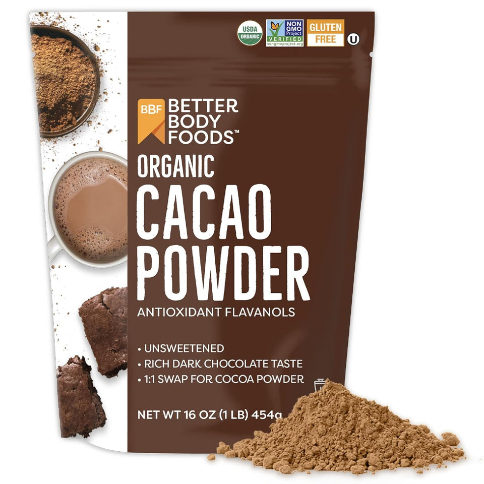 BetterBody Foods Organic Cacao Powder, 16 oz, Rich Chocolate, Non-GMO, Gluten-Free, Cocoa, 1 lb bag
