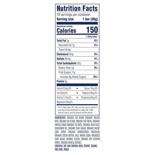 non-gmo usda organic chocolate chip soft-baked granola bars 18-pack 12g whole grains