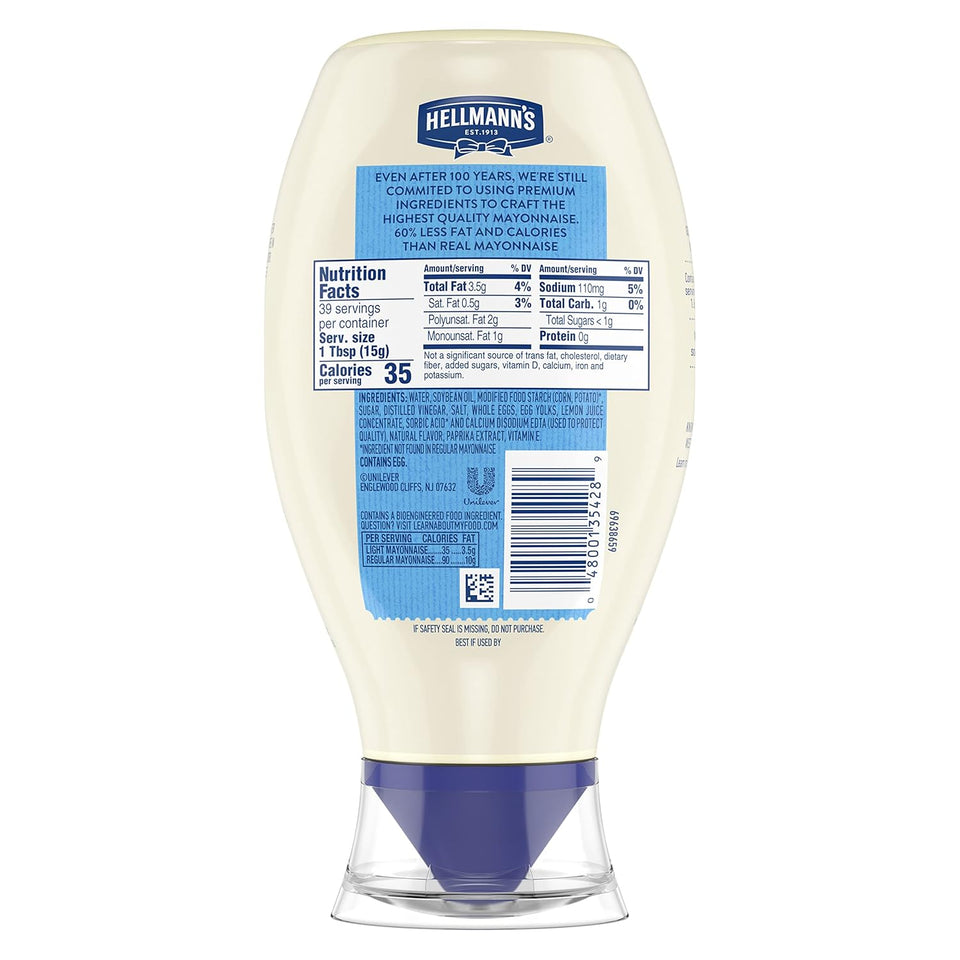 Hellmann's 100% Cage-Free Eggs Light Mayonnaise Squeeze Bottle for Sandwiches and Simple Meals 20 oz