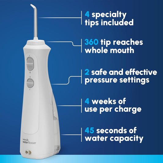 Waterpik Cordless Pearl Rechargeable Portable Water Flosser for Teeth, Gums, Braces Care and Travel, Extra Quiet, 4 Flossing Tips - ADA Accepted, WF-13 White, Amazon Exclusive