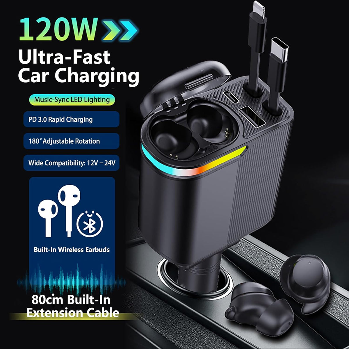 MLVOC 120W Fast Charging Car Charger with Earbuds, Retractable 4-in-1 USB-C & Lightning for iPhone & Android (Black) - Rayz Mart