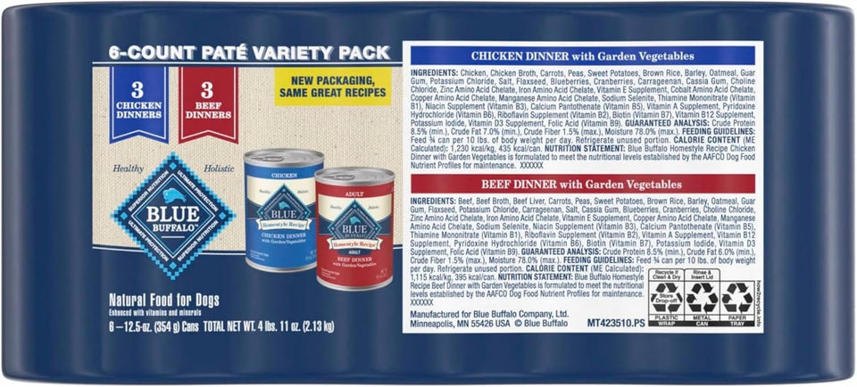 blue buffalo homestyle recipe adult wet dog food, chicken and beef dinner variety pack, 12.5-oz cans, 6 count, 3 of each