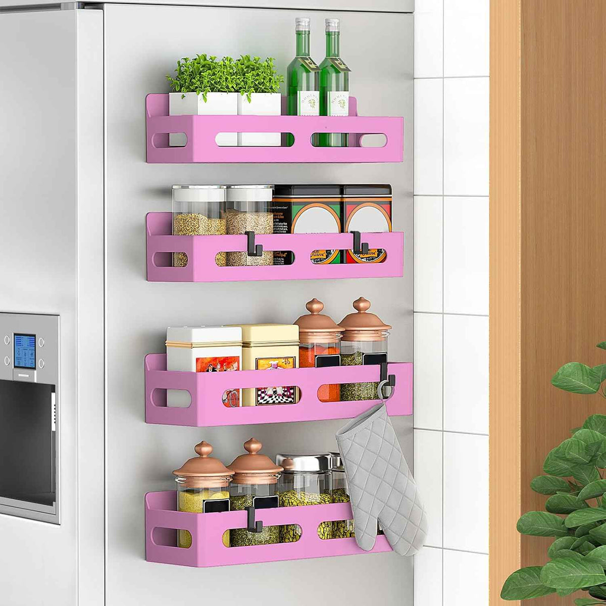 4 Pack Magnetic Spice Rack for Refrigerator, Spice Rack Organizer, Moveable Magnetic Shelf Fridge Organizer with 4 Hooks for Kitchen and Oven Organization, Black