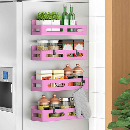 4 Pack Magnetic Spice Rack for Refrigerator, Spice Rack Organizer, Moveable Magnetic Shelf Fridge Organizer with 4 Hooks for Kitchen and Oven Organization, Black