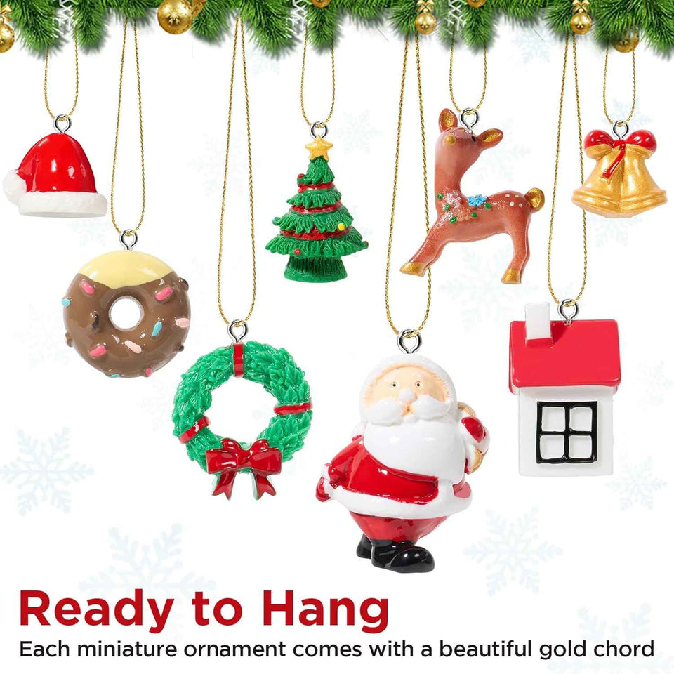 Mini Christmas Ornaments, Sooez Set of 24 Cute Miniature Resin Christmas Tree Ornament Figures Advent Calendar Fillers, Durable & Well-Crafted 3-D Figurines with Gold Loops for Easy Hanging