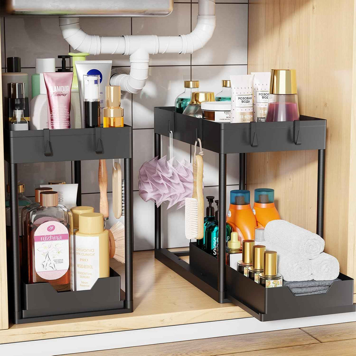 Simple Trending Under Sink Organizer 2 Pack, Sink Pull-Out Sliding Storage Cabinet, 2-Tier Under Shelf Organizer for Kitchen Bathroom, Black