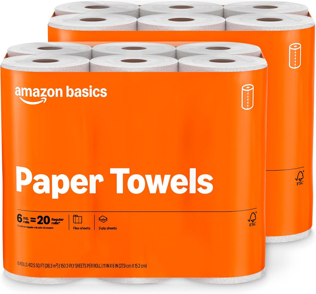 Amazon Basics 2-Ply Flex-Sheets Paper Towels, 12 Basics Rolls = 40 Regular Rolls, Everyday Value with 150 Sheets per Roll, Packaging May Vary