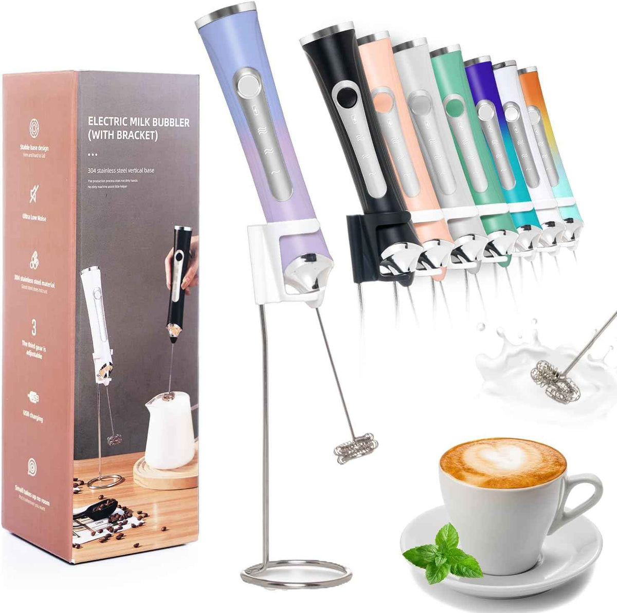 Rechargeable Milk Frother Handheld For Coffee,3 Speeds Frother Wand With Stand, Batidora De Mano Electrica,Coffee Frother With 2 Heads,Drink Mixer Electric Handheld,Kitchen Essentials(Black)