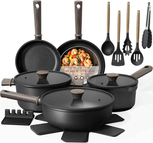 Astercook Non Stick Pots and Pans Set, Healthy Non-Toxic Titanium Induction Kitchen Cookware Sets for Cooking with Frying Pans, PFAS/PTFE/PFOA & PFOS Free, Black, 19 Pcs
