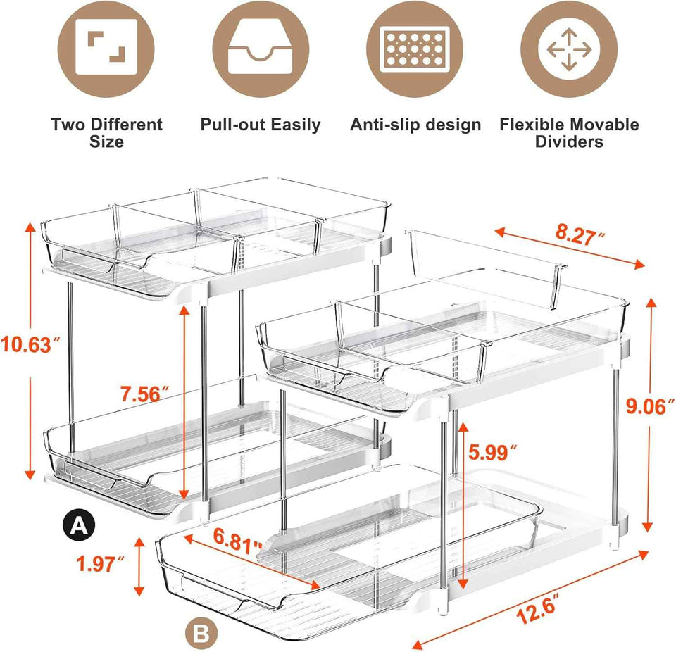Delamu 2-Tier Multi-Purpose Bathroom Under Sink Organizers and Storage, Stackable Kitchen Pantry Organization, Pull Out Medicine Cabinet Organizer with Movable Dividers, White, 2 Pack