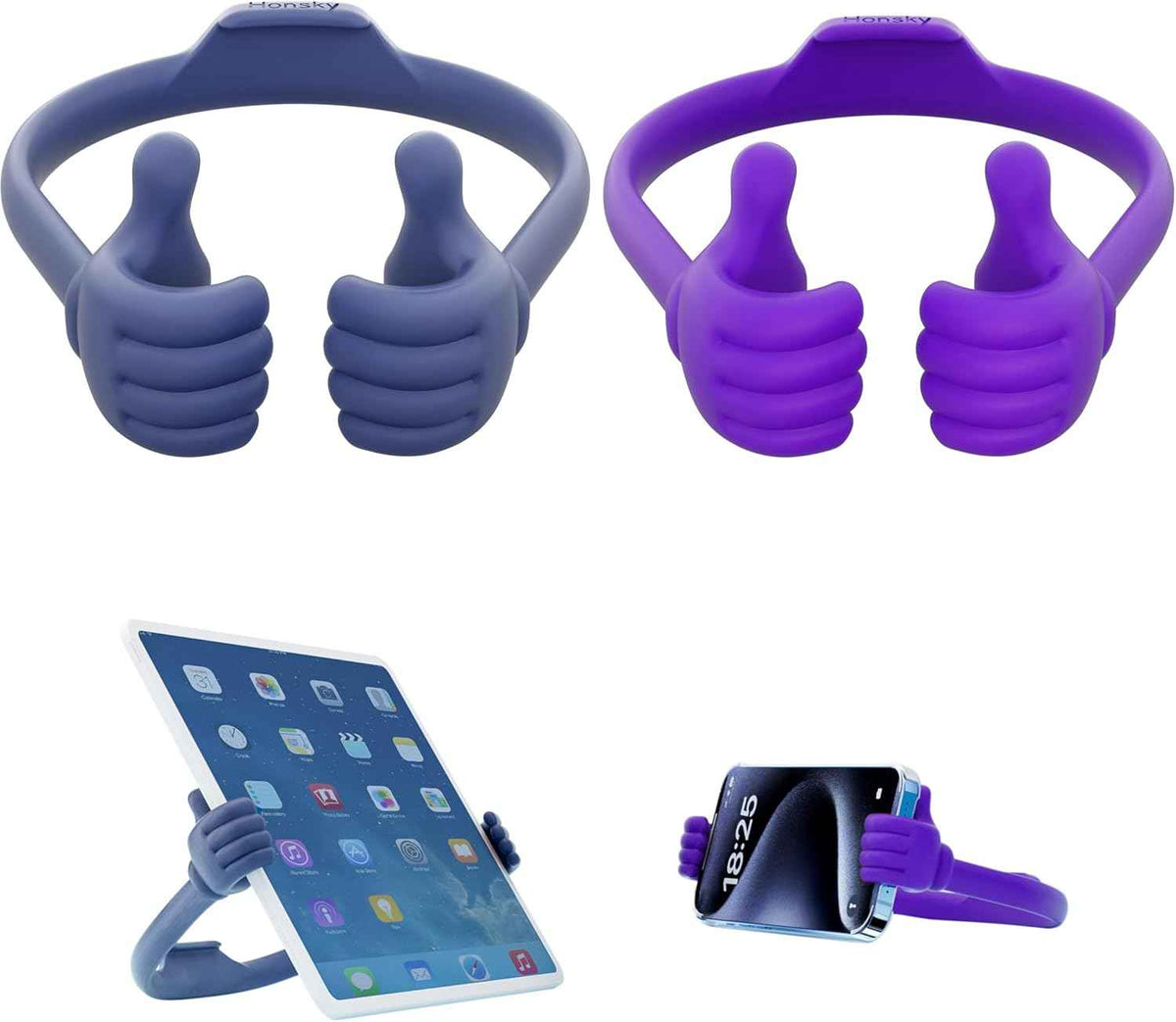 HONSKY Thumbs-Up Phone Stand for Tablets, E-Readers and Smart Phones – Green/Purple – 2 Count