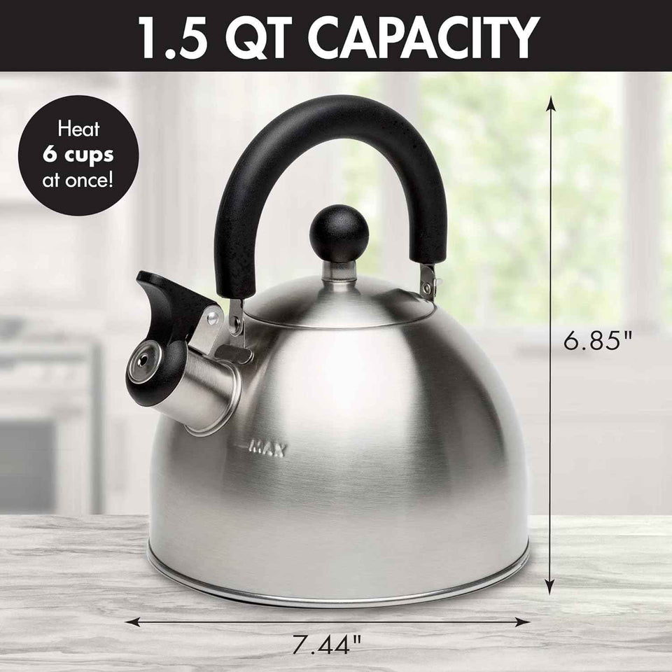 Primula Stewart Whistling Stovetop Tea Kettle Food Grade Stainless Steel, Hot Water Fast to Boil, Cool Touch Folding, 1.5-Quart, Brushed with Black Handle